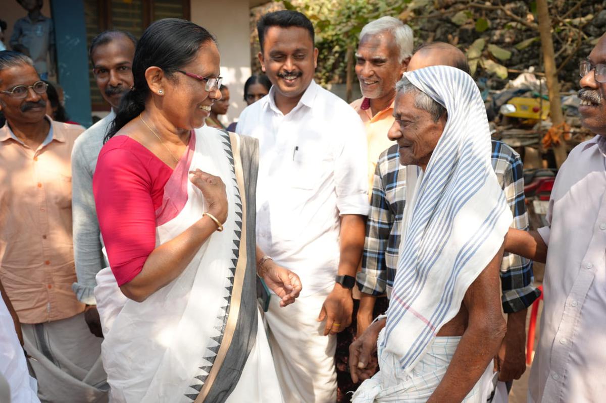 K.K. Shailaja meeting voters in Vadakara. 