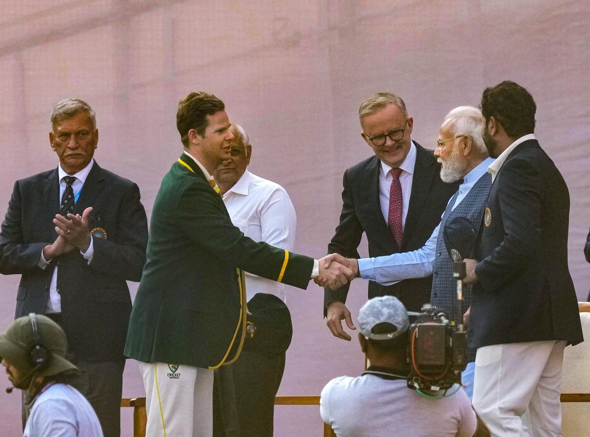 Prime Minister Narendra Modi and Australian Prime Minister Anthony Albanese with Indian captain Rohit Sharma and Australian captain Steve Smith before the start of the fourth test cricket match between India and Australia.