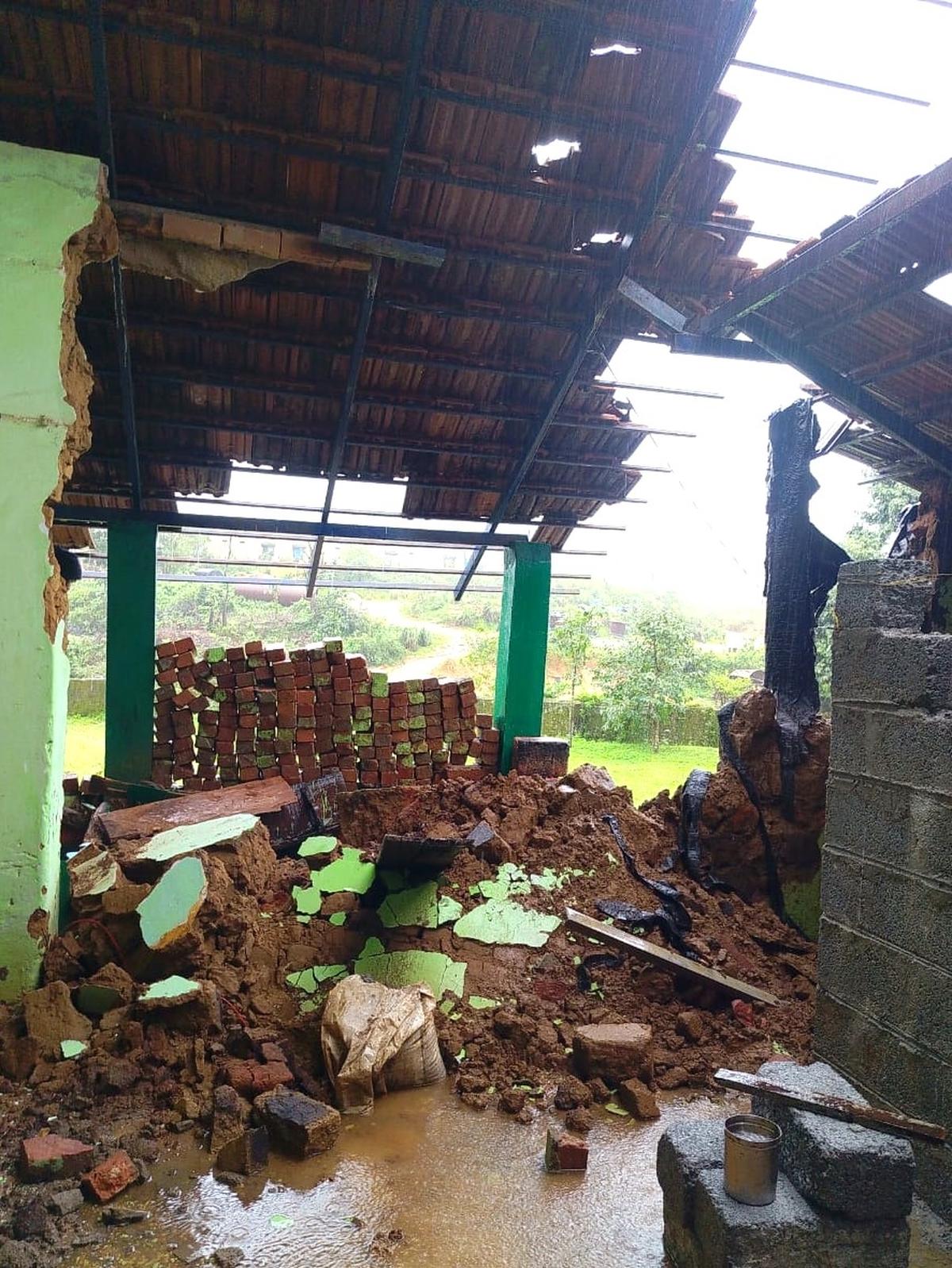 The roof and a wall of the government higher primary school at Kadagaravalli, in Sakleshpur taluk of Hassan district in Karnataka, collapsed due to heavy rain on August 19, 2025.  