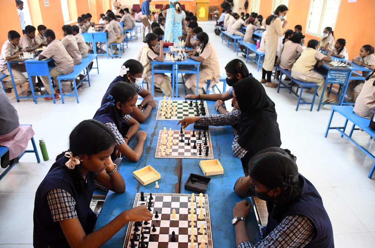 Students play chess at a government school in Chennai. 