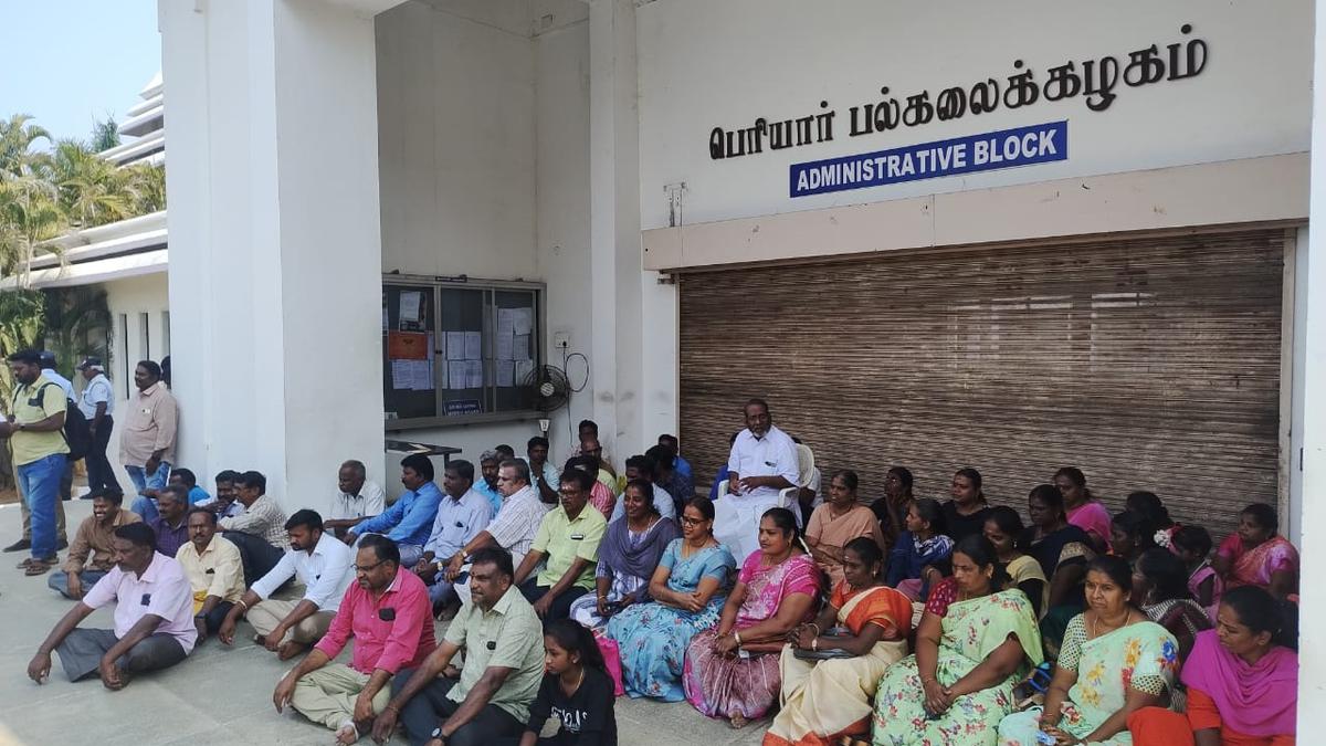 PUEU and PUTA stage a sit-in protest on Periyar University premises