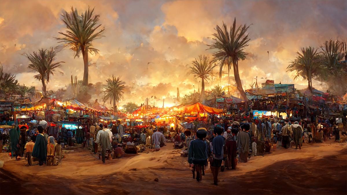 Illustration of a crowded oriental market at sunset.