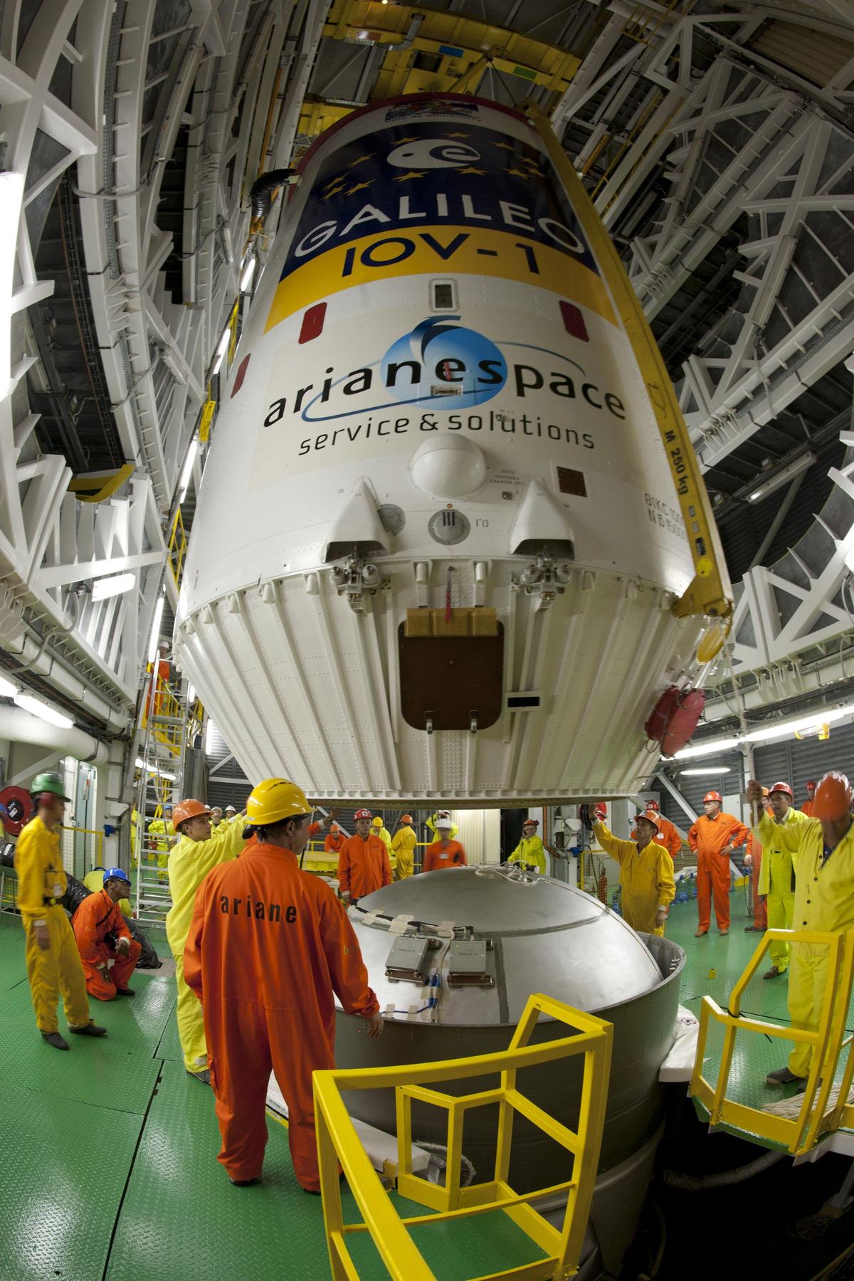 The two Galileo In-Orbit Validation satellites are encapsulated within their ‘Upper Composite’ on the vertical Soyuz ST-B launcher in this October 14, 2011 handout photo courtesy of the European Space Agency. The launch took place on October 21. 