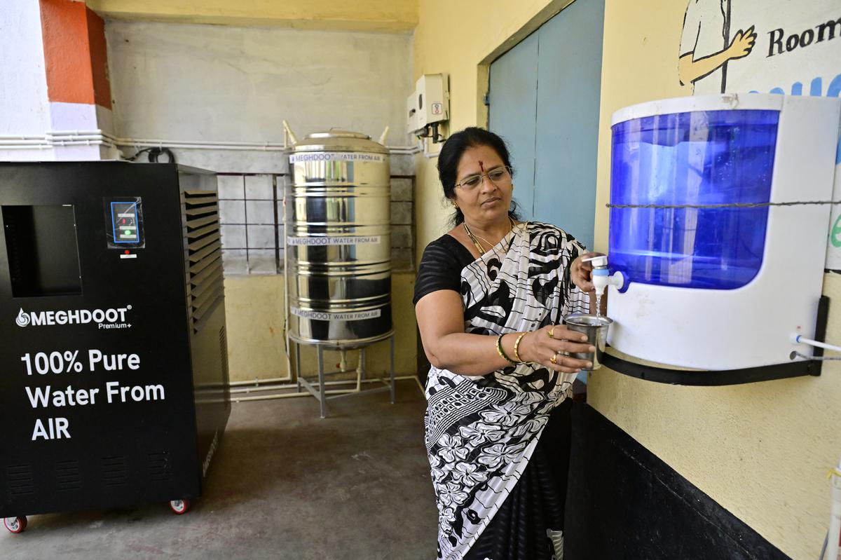 An atmospheric water generator (AWG) was installed at Nammura Government Higher Primary School, Rajarajeshwari Nagar, in Bengaluru. An atmospheric water generator (AWG) was installed at Nammura Government Higher Primary School, Rajarajeshwari Nagar, in Bengaluru.