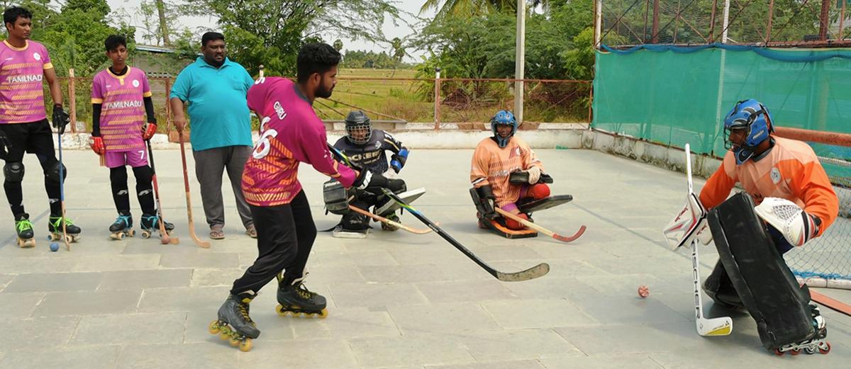 Students at a practice session of roller skating hockey Tiruchi’s Hockers Sporting Club.