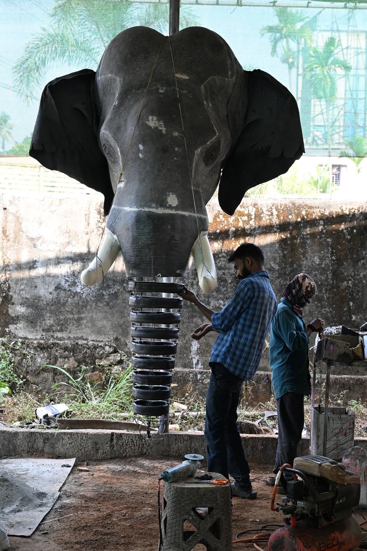 The workers were engaged in making mechanical elephants in four art works in Chalakudi.    
