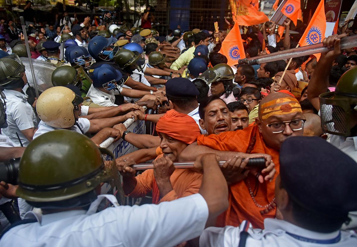 Hindu groups protest against the attacks on minorities in Bangladesh. 
