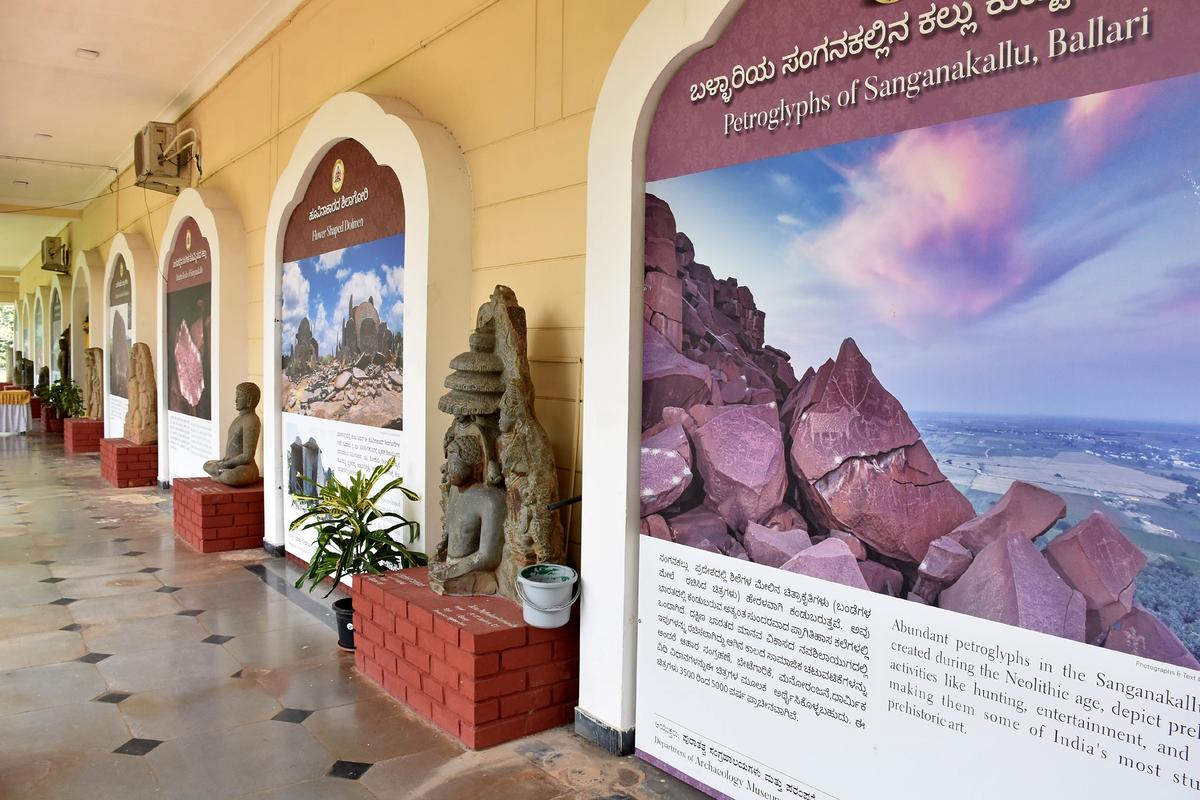 Photographs of prehistoric sites of Karnataka exhibited in the Department of Archaeology Museums and Heritage in Mysuru. 