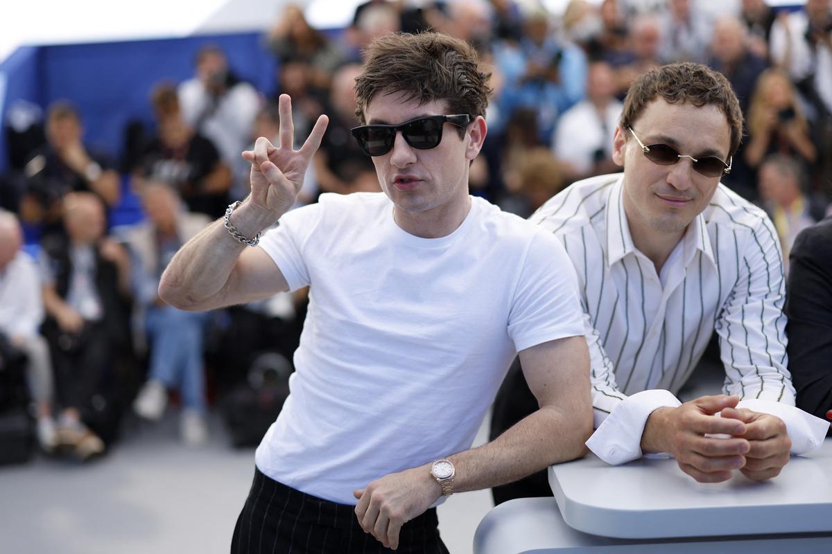 Cast members Barry Keoghan and Franz Rogowski pose during a photocall for the film ‘Bird’ in competition at the 77th Cannes Film Festival in Cannes