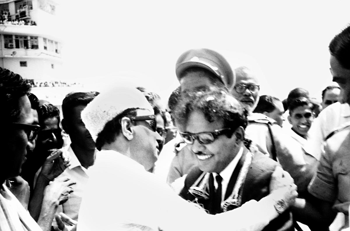 M.G. Ramachandran greets the Tamil Nadu Chief Minister, M. Karunanidhi, on his return from foreign tour, at Meenambakkam airport on July 21, 1970. 
PHOTO: THE HINDU ARCHIVES/ S.KOTHANDARAMAN