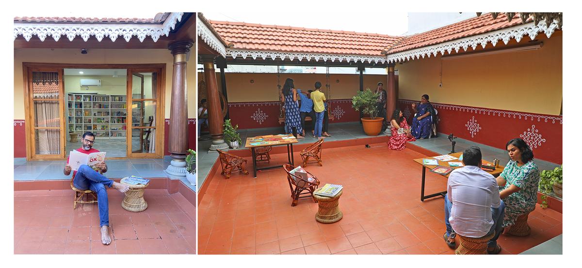 Co-fondatore Kiranveer PN; (A destra) Spazio progettato come un villaggio tradizionale con muggulu sulle pareti