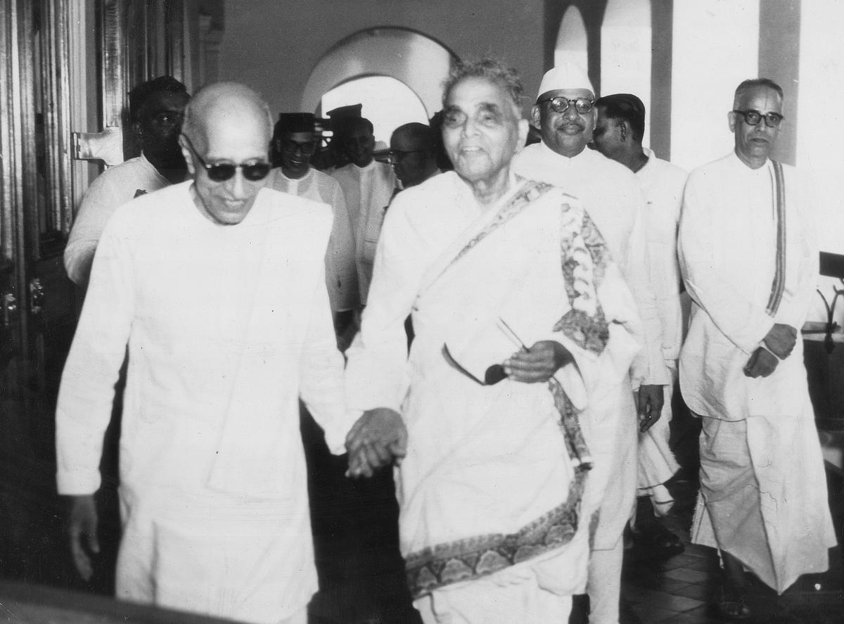 Madras Chief Minister C. Rajagopalachari with his counterpart of Andhra Pradesh, T. Prakasam at the Secretariat in Madras on October 19, 1953