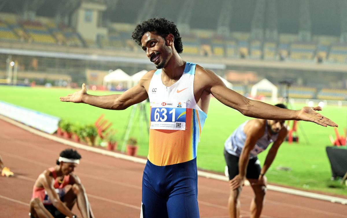 I am just too good: Vishal T.K. of Tamil Nadu celebrates after winning the men’s 400m gold in the 29th National Senior Athletics Federation Competition 2026 at the Birsa Munda stadium in Ranchi on Satuday, 23 May 2026.