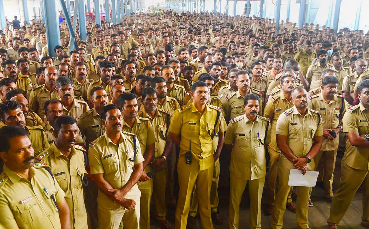 Police personnel to be deployed as part of security arrangements assemble during a meeting on the preparations of Mandala-Makaravilakku pilgrimage, at Sabarimala in Pathanamthitta district, Wednesday.