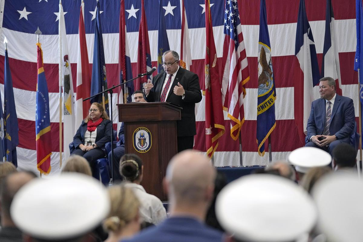 Secretary of the Navy Carlos del Toro speaks during a naturalization ceremony aboard the USS Bataan during Fleet Week Miami at Port Miami on  May 7, 2024, in Miami.