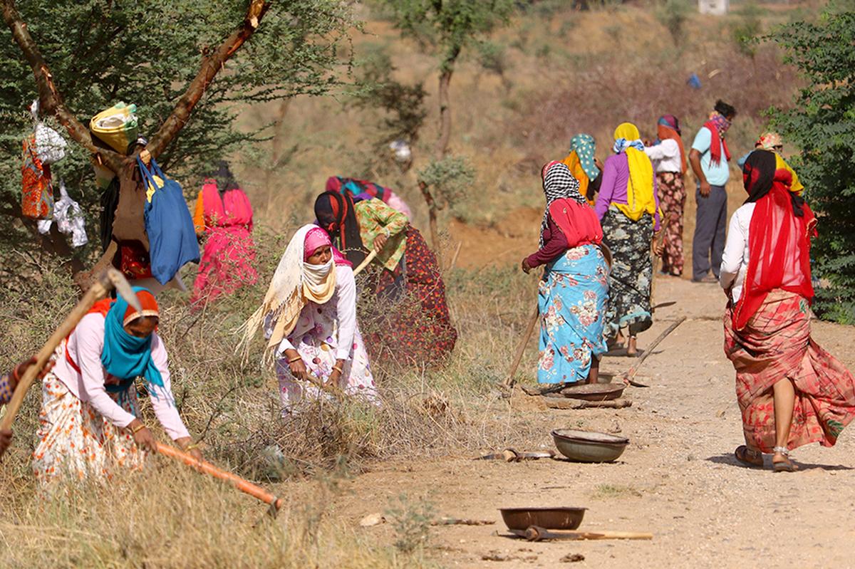 Labourers under Mahatma Gandhi National Rural Employment Guarantee Act (MGNREGA) work at a site on a hot day, during the ongoing COVID-19 lockdown, on the outskirts of Ajmer, Tuesday, May 19, 2020. 