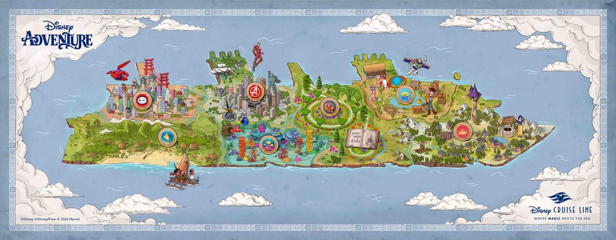 The Disney Adventure map shows seven themed areas, each with dozens of characters and experiences. 