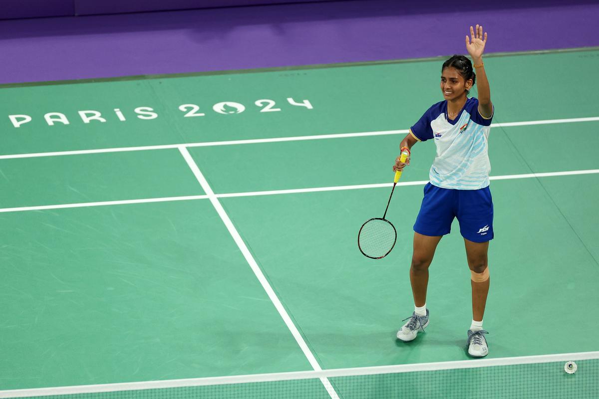 Manisha Ramadass reacts during the Para Badminton Women’s Singles SU5 Bronze Medal match in Paris on September 2, 2024.