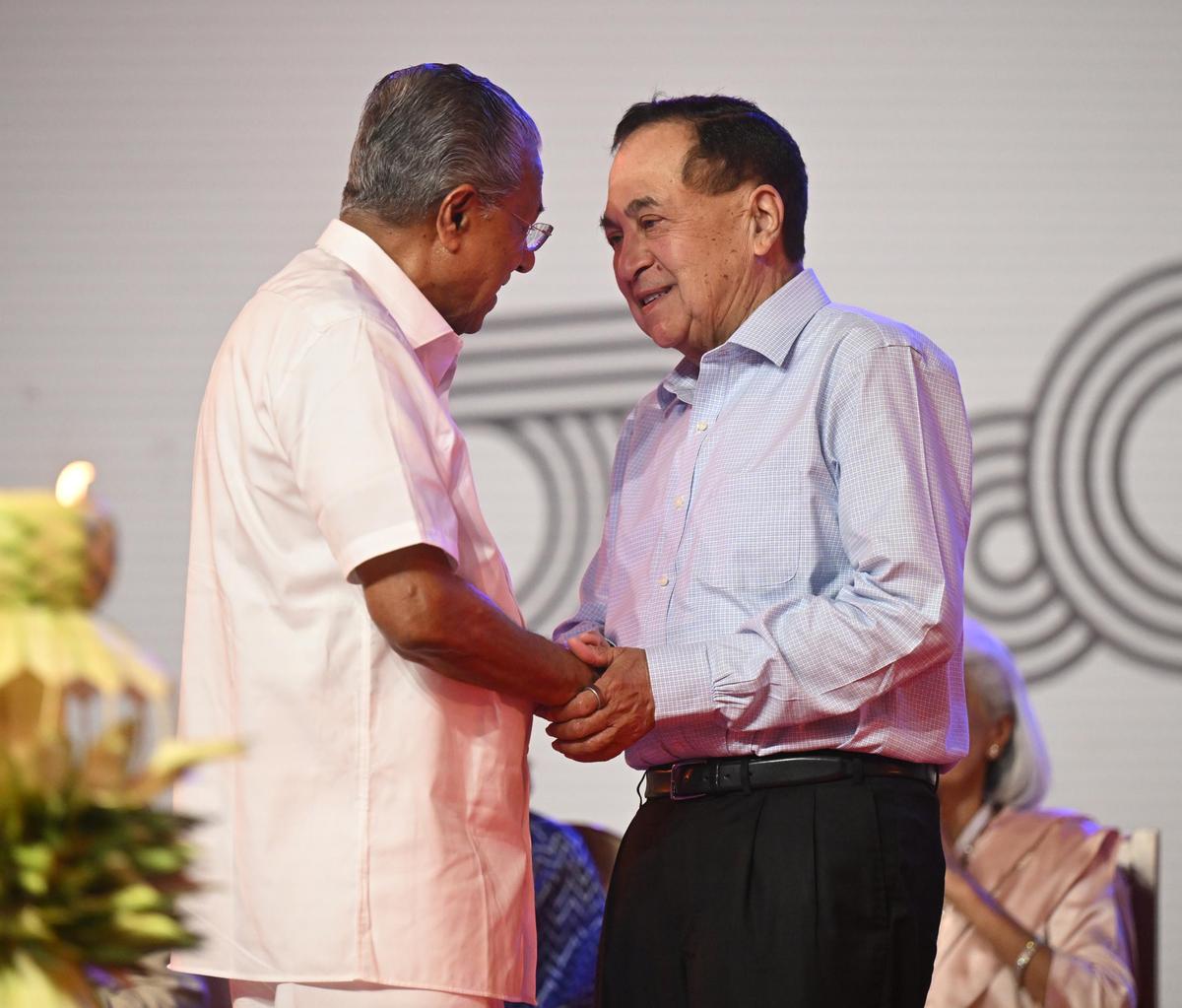 Chief Minister Pinarayi Vijayan and former Editor-in-Chief of The Hindu N. Ram at the inauguration of the sixth edition of the Kochi-Muziris Biennale at Parade Ground in Fort Kochi on Friday (December 12, 2025).