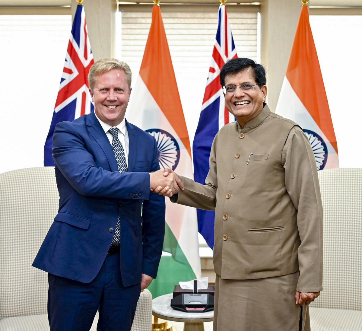 In this image posted on December 22, 2025, Union Minister Piyush Goyal with New Zealand Minister Todd McClay during a meeting, in New Delhi.
