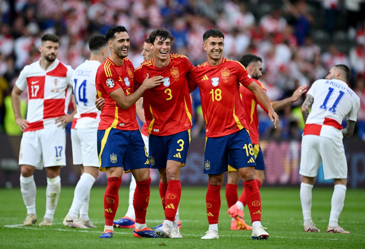 Spain players celebrate a goal during the Euro 2024 football championship match against Croatia on June 15, 2024.
