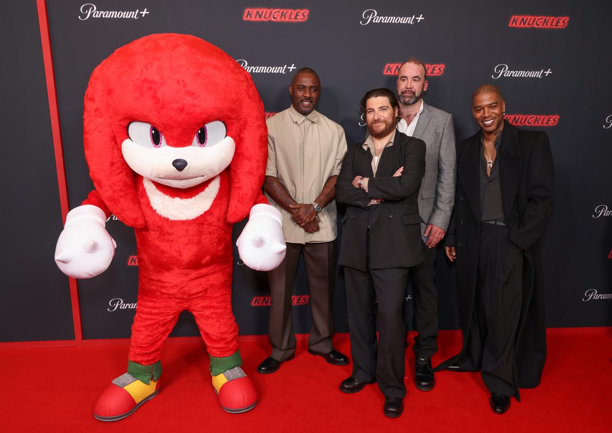 (L-R) Knuckles, Idris Elba, Adam Pally, Rory McCann and Kid Cudi attend the global premiere of Paramount+ series “Knuckles” on April 16, 2024, in London, England. Knuckles will be streaming exclusively on Paramount+