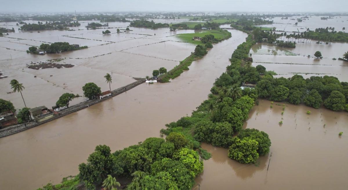 An area submerged due to floods following incessant rains, in Junagadh district of Gujarat on July 3, 2024.