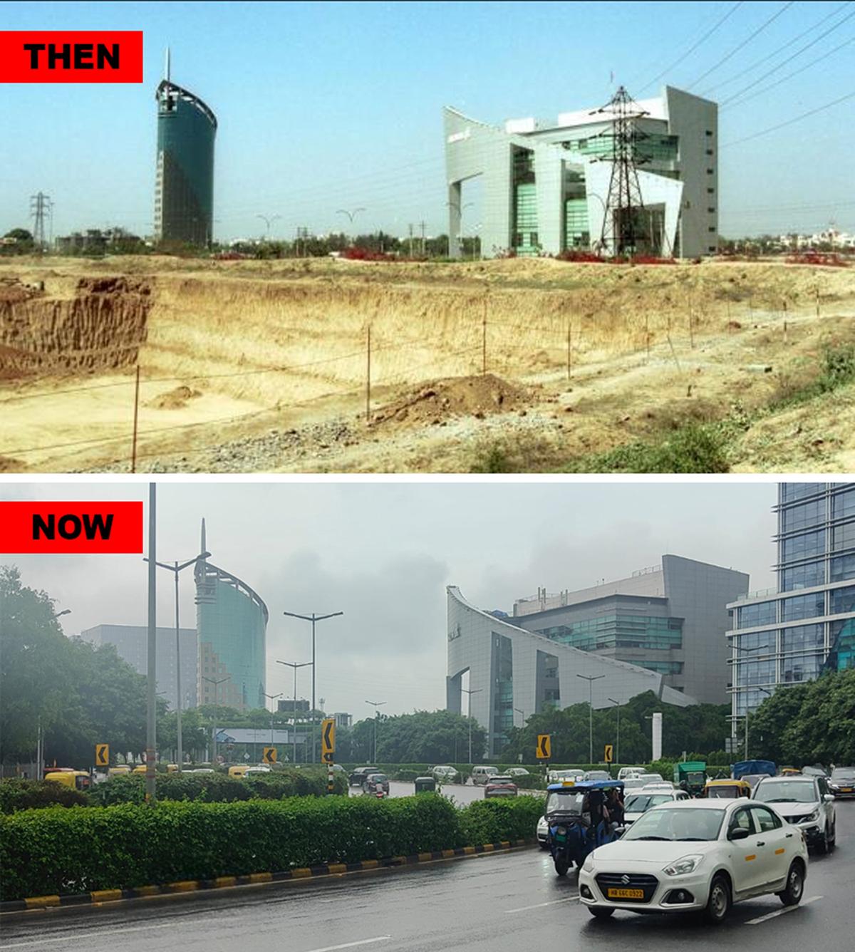 THEN AND NOW 

Gurugram has been built by migrant workers. (Top) From The Hindu archives, a picture from 2004, when much of the city was scrub-land or fields. (Below) The city now has an arterial National Highway running through it and this picture from 2025 of the same area, shows how the city has been built up. 