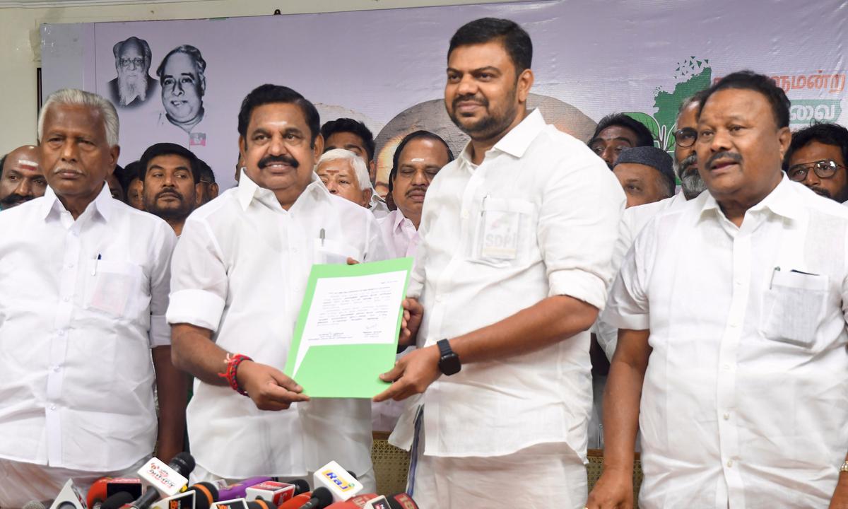 AIADMK general secretary Edappadi K. Palaniswami seen with Nellai Mubarak of the SDPI after the signing of a seat-sharing agreement between the two parties, in Chennai, on Wednesday, March 20, 2024 
