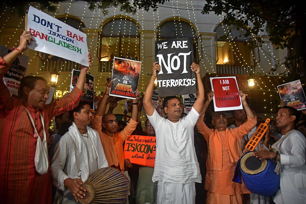 Protesters including Radharaman Das, vice president of the ISKCON Kolkata Centre demand the release of Chinmoy Krishna Das in Bangladesh. 