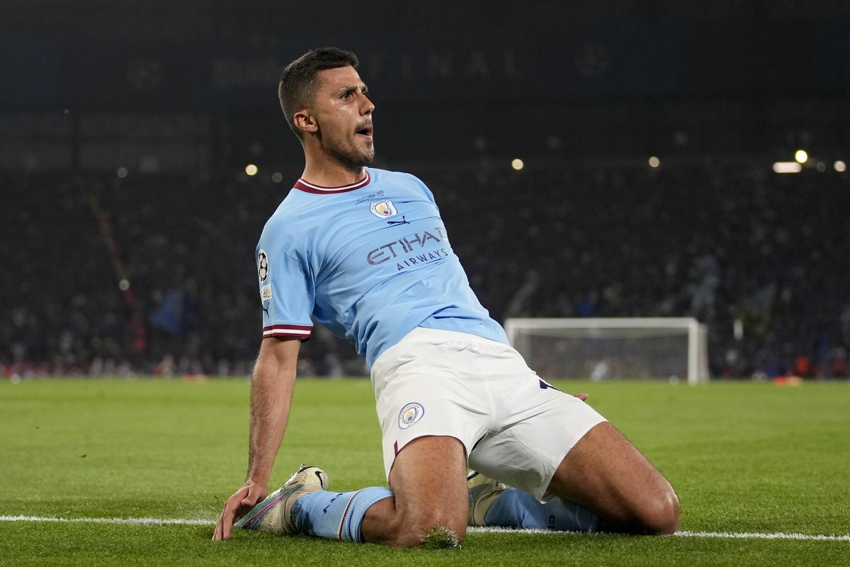 Manchester City’s Rodrigo celebrates after scoring his side’s first goal during the Champions League final soccer match between Manchester City and Inter Milan at the Ataturk Olympic Stadium in Istanbul, Turkey, on June 10, 2023