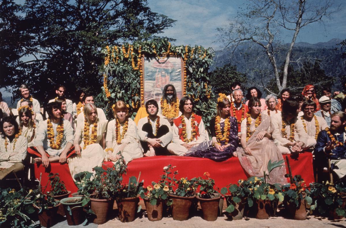 The Beatles and their wives in Rishikesh with Maharishi Mahesh Yogi, March 1968. 