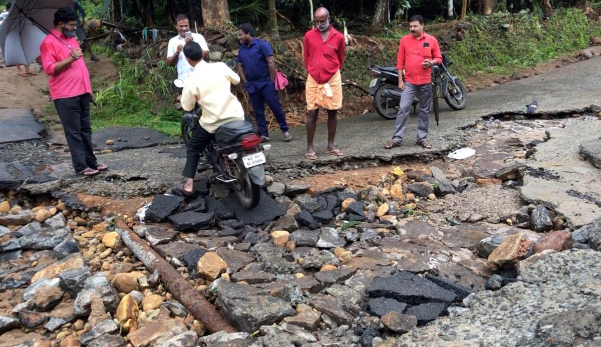 A road in Moonnilavu which sustained severe damage on Monday due to a rain-induced landslip.