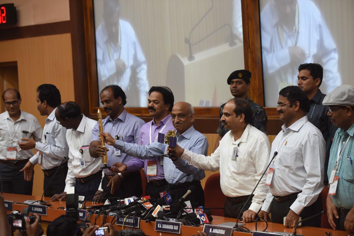 Then ISRO chairman A.S. Kiran Kumar speaks during a press conference after the successeful launch of a record 104 satellites on-board PSLV-C37/Cartosat2 Series from Sriharikota on February 15, 2017. 