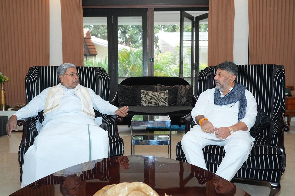 Karnataka Chief Minister Siddaramaiah called on Deputy CM D.K. Shivakumar as part of efforts to end the controversy over a 'power-sharing agreement' between the two, in the run-up to the winter session of the State legislature, in Bengaluru on December 2, 2025.