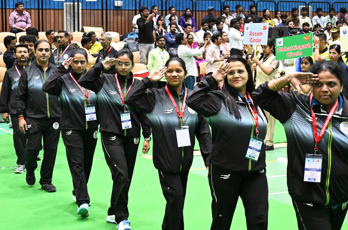 Players at the inaugural programme of the All India Postal Table Tennis Tournament – 2025 in Visakhapatnam on Monday. 
