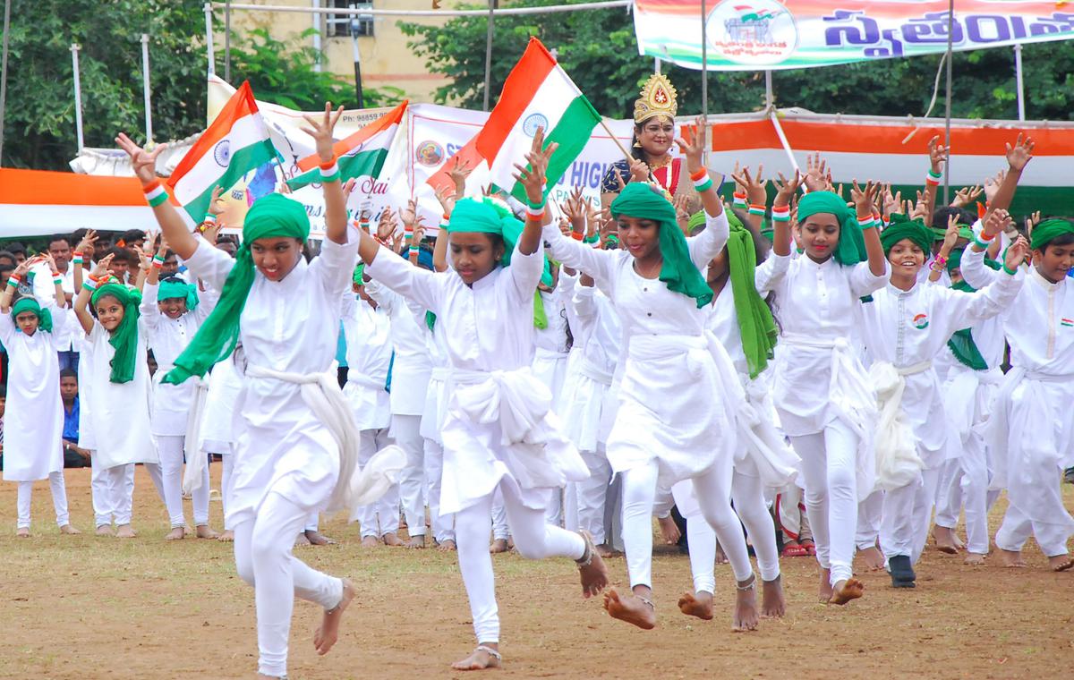 Students performing a skit at the Police Parade Ground in Sangareddy on Monday. 