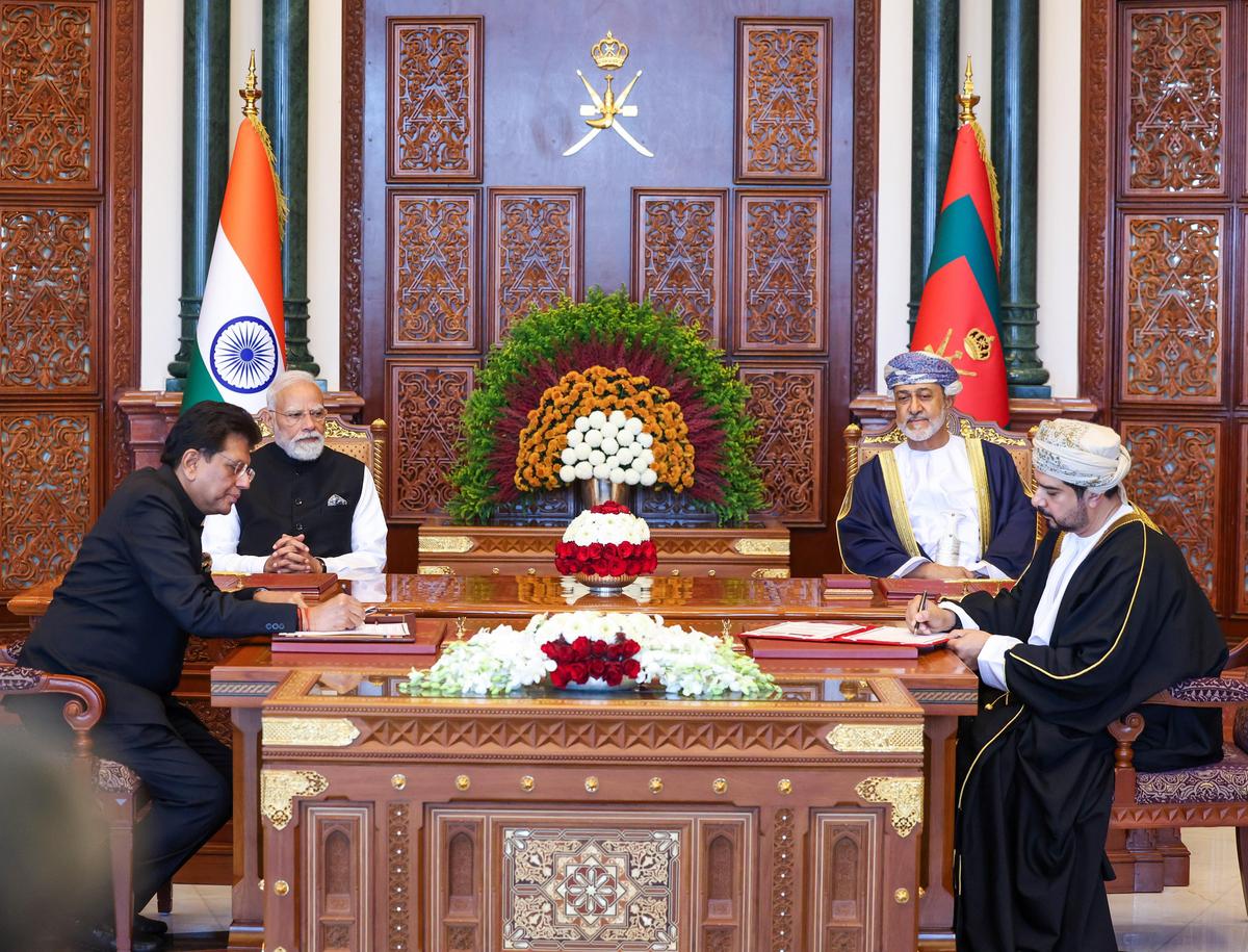 Mr. Modi and Sultan of Oman Haitham bin Tarik witness the signing of MoUs by Union Minister of Commerce and Industry Piyush Goyal and Oman’s Minister of Commerce, Industry and Investment Promotion Qais bin Mohammed Al Yousef, in Muscat on December 18, 2025.