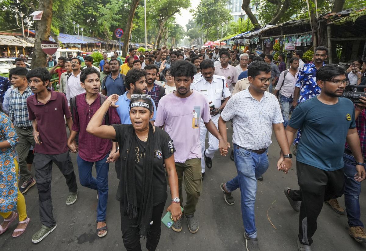 Young doctors take to the streets in Kolkata demanding strong government action in the wake of the alleged sexual assault and murder of a trainee doctor in the city, September 2024.