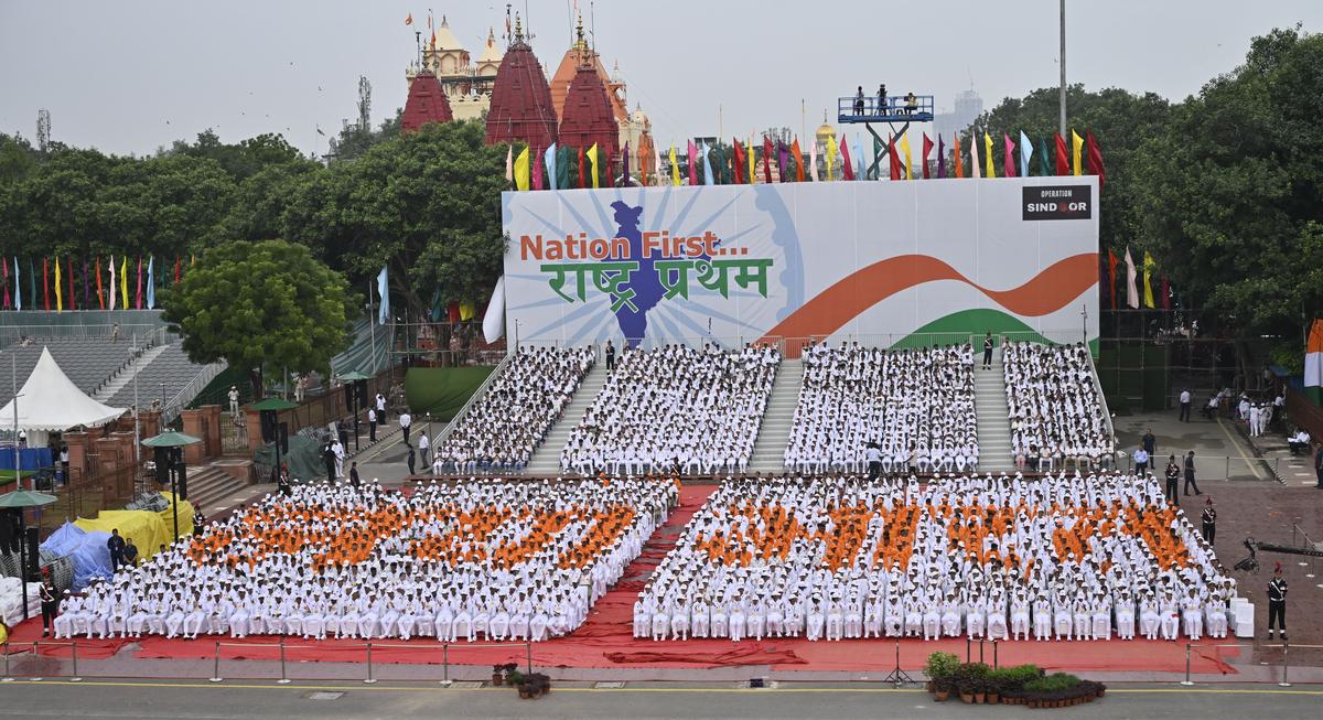 NCC cadets during the full dress rehearsal for 79th Independence Day celebrations, at the Red Fort in New Delhi on August 13, 2025.