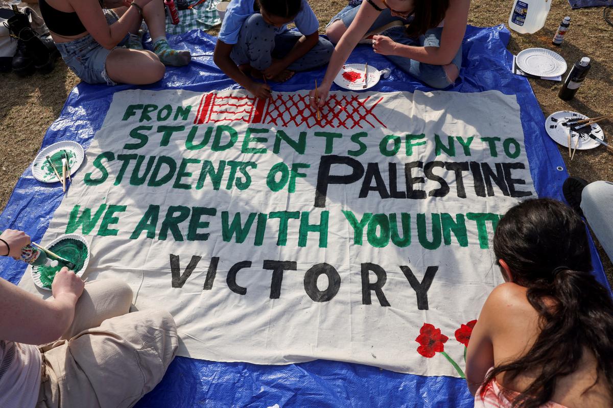 Students at Columbia University painted a response during their protest last year to a message written by Palestinians in Rafah thanking students for their support