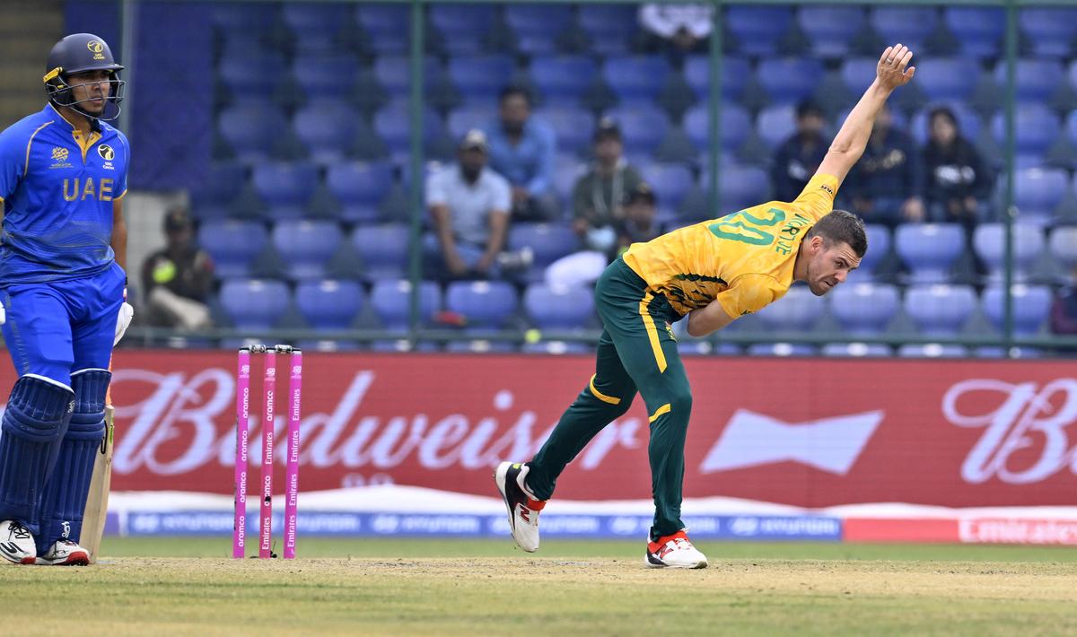 South Africa's Anrich Arno Nortje in action during the ICC Men's T20 World Cup 2026 match against United Arab Emirates at the Arun Jaitley Stadium in New Delhi on Wednesday, February 18, 2026. South Africa's Anrich Arno Nortje in action during the ICC Men's T20 World Cup 2026 match against United Arab Emirates at the Arun Jaitley Stadium in New Delhi on Wednesday, February 18, 2026.