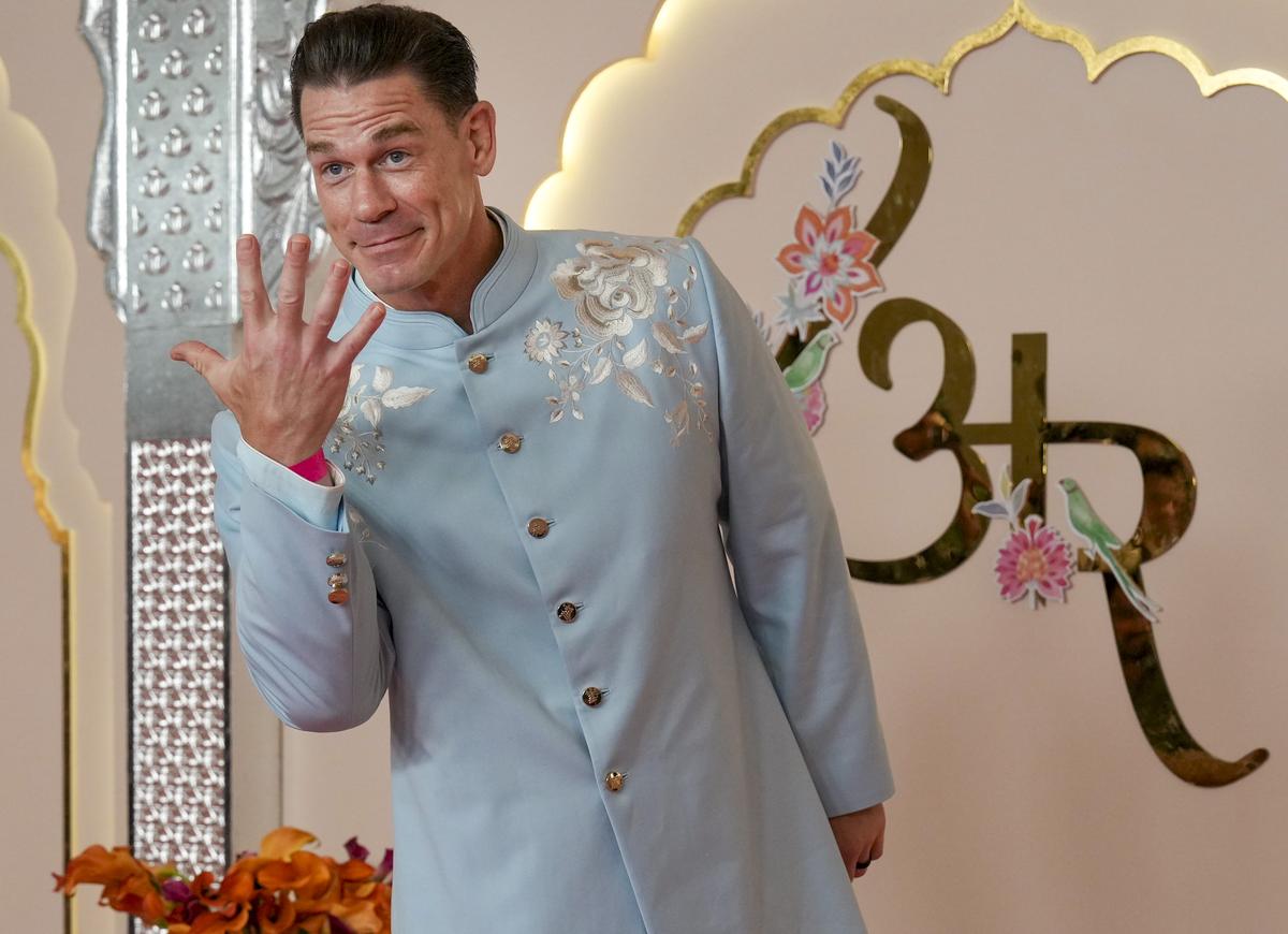  Former WWF wrestler and actor John Cena upon his arrival to attend Anant Ambani and Radhika Merchant’s wedding, at Jio World Convention Centre, in Mumbai, on July 12, 2024. 