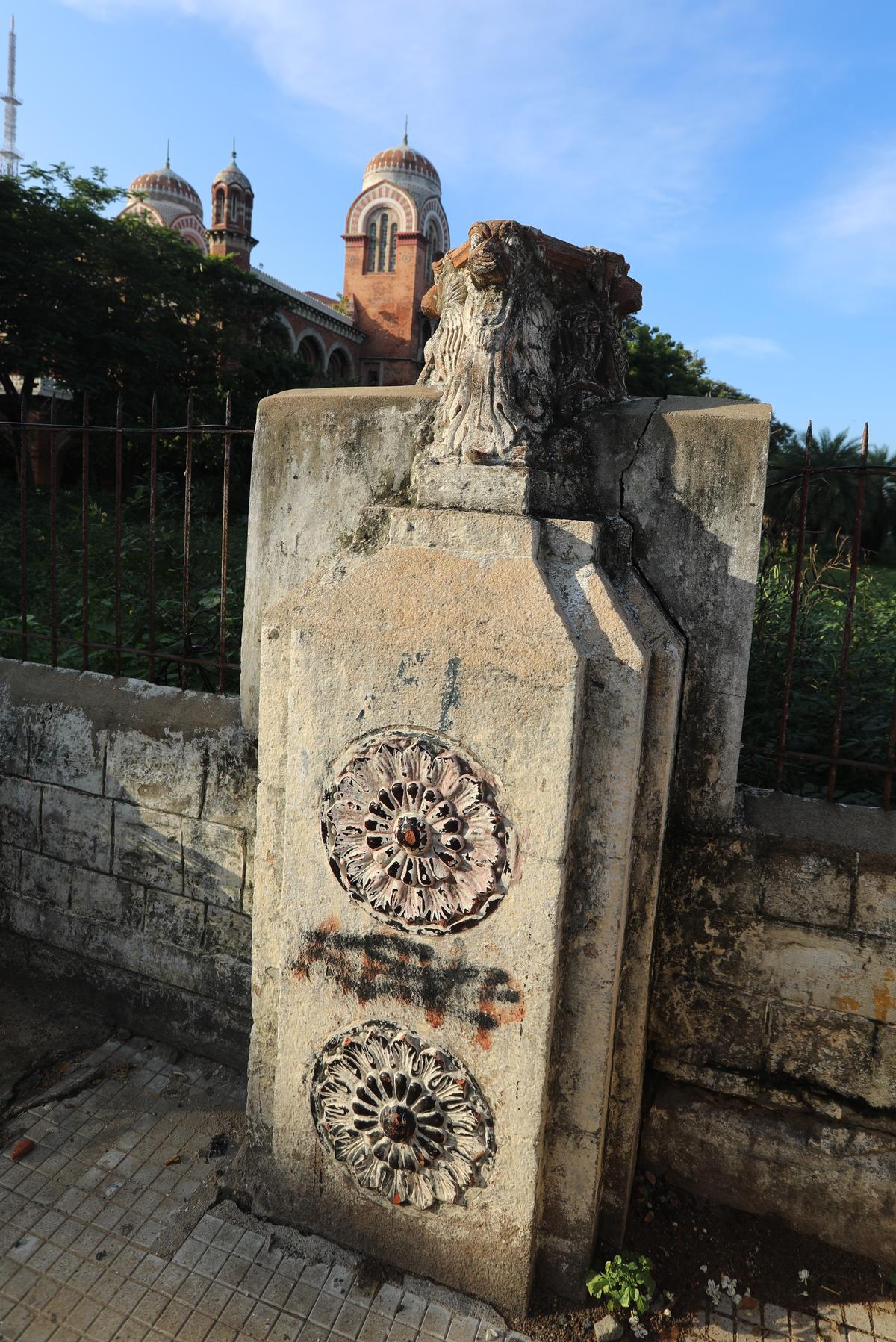 The masonry pier on which the design sits. The image was taken on October 3, 2025.