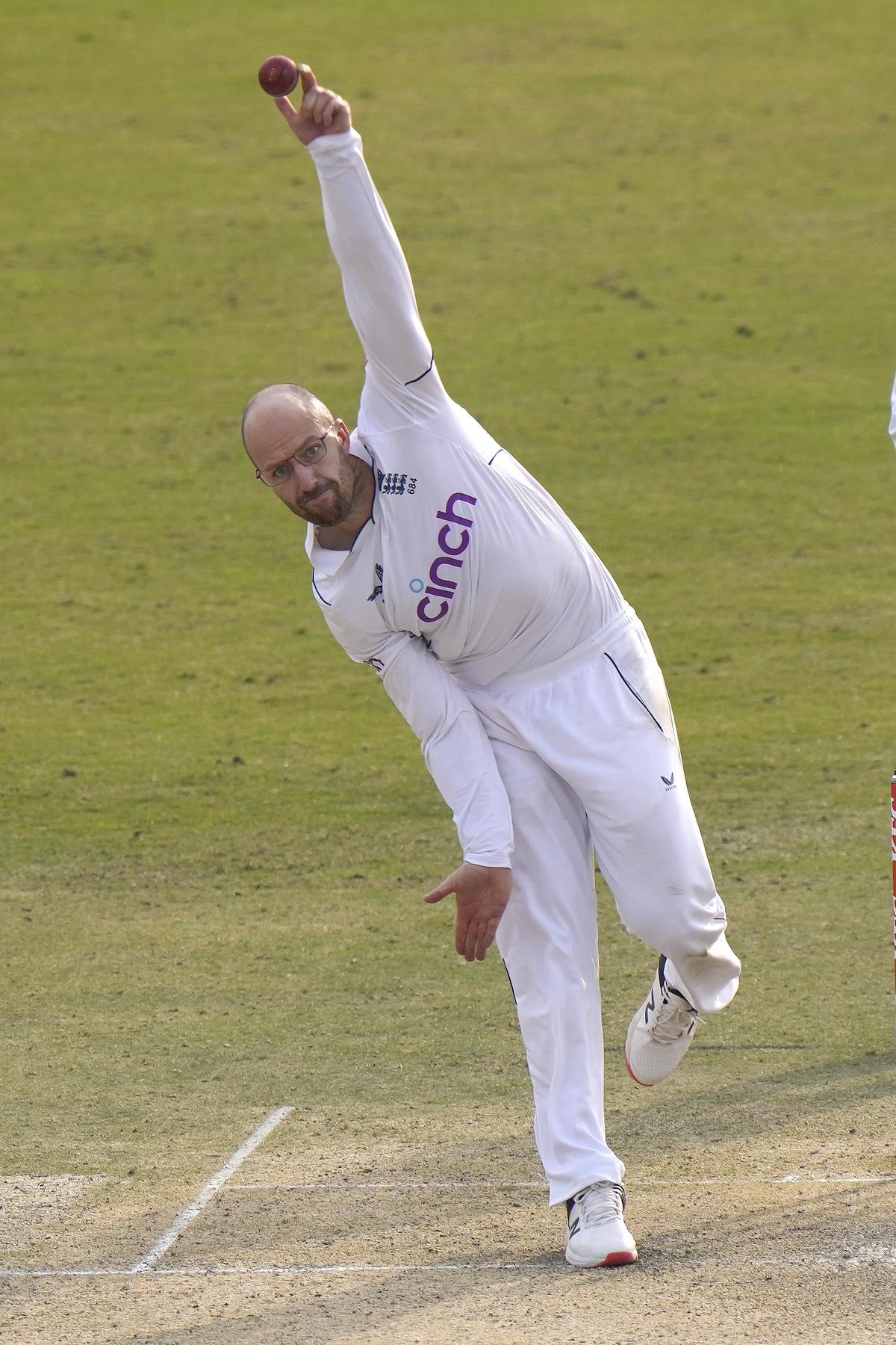 Jack Leach delivers a ball during the second day of the first Test between Pakistan and England at the Rawalpindi Cricket Stadium in Rawalpindi on December 2, 2022.