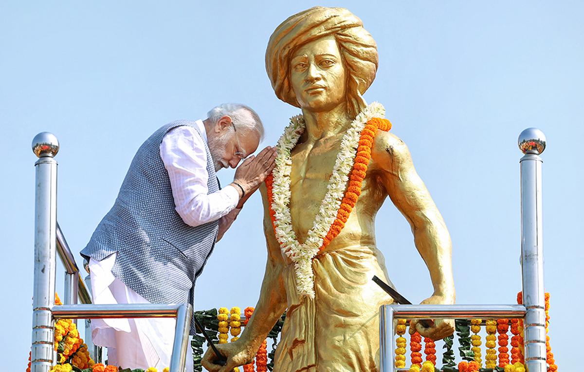 Prime Minister Narendra Modi pays tribute to Birsa Munda on the tribal leader’s birth anniversary in Khunti, Jharkhand, in 2023. 