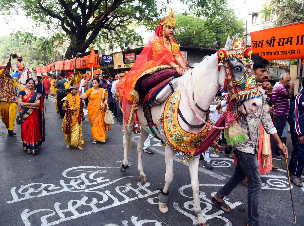 Devotees participate in the Gudi Pujan ceremony procession organised on the occasion of New Year and Gudi Padwa, in Nagpur on March 19, 2026