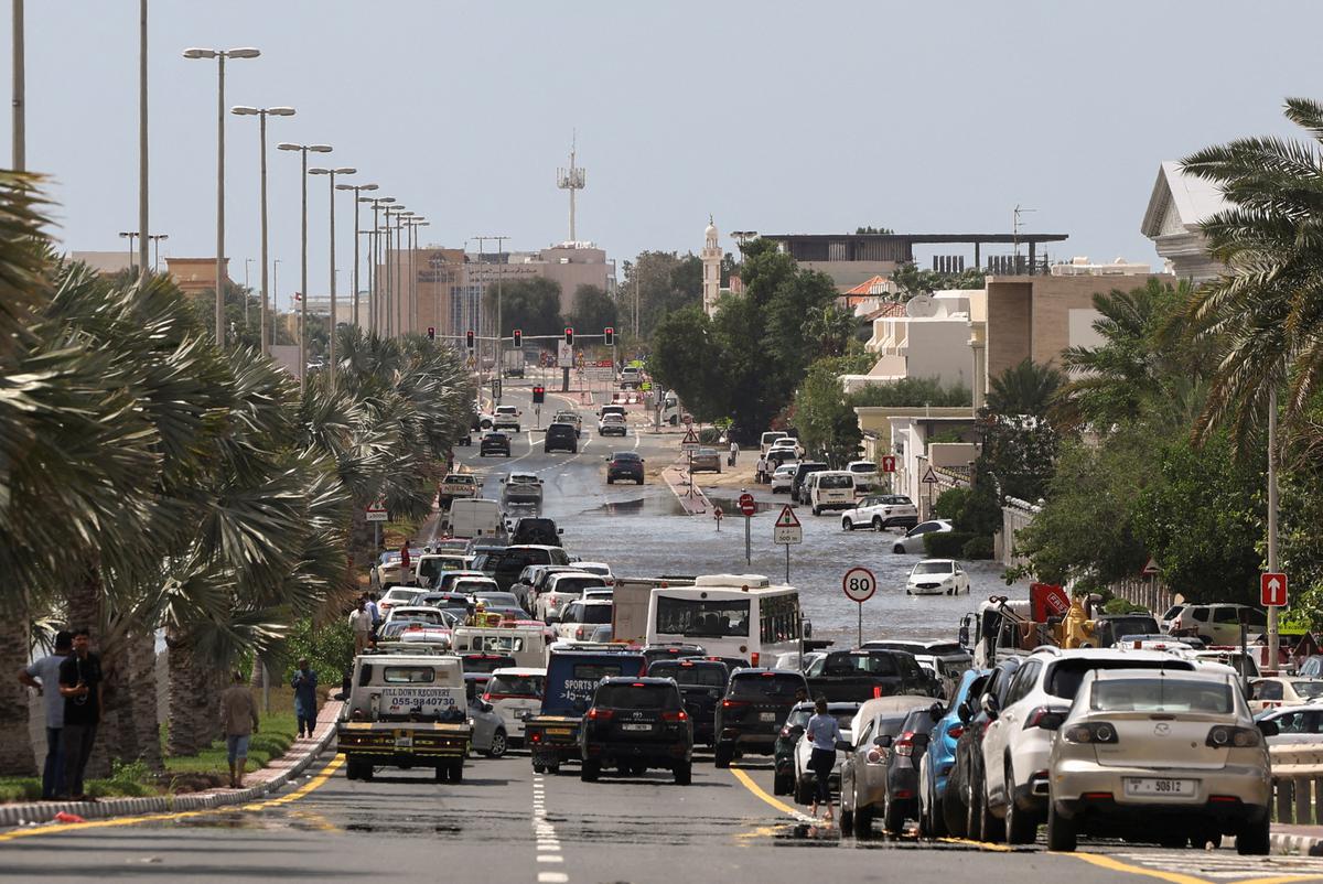 Traffic is hindered by flood water caused by heavy rains in Dubai, United Arab Emirates on April 17, 2024. 