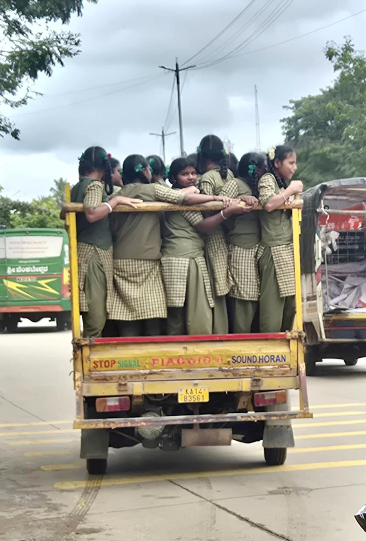 More than 15 students took this ride in a three-wheeler on the busy roads of Shivamogga.