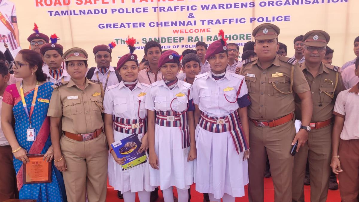 S. Mala (left) with Road Safety Patrol students at an event organised by Tamil Nadu Police Traffic Warden Organisation and Greater Chennai Traffic Police S. Mala (left) with Road Safety Patrol students at an event organised by Tamil Nadu Police Traffic Warden Organisation and Greater Chennai Traffic Police
